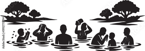 Silhouetted figures swim and interact in a dark minimalist landscape