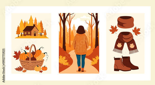 Flat design vector illustration of autumn season cozy lifestyle featuring warm knitwear and harvest bounty in a vibrant woodland setting