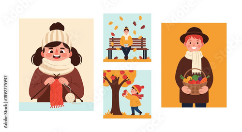 Flat design vector illustration of cute girl knitting warm scarf outdoors with happy lifestyle mood under bright sunlight