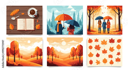 Flat design vector illustration of autumn season family enjoying outdoor lifestyle activities in colorful forest landscape under warm sunlight