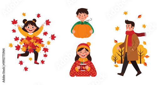 Flat design vector illustration of happy children celebrating autumn season with colorful falling leaves in a vibrant outdoor lifestyle setting
