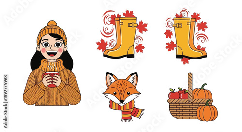 Flat design vector illustration of cute winter character wearing warm boots and fox mascot near autumn harvest basket for cozy lifestyle design