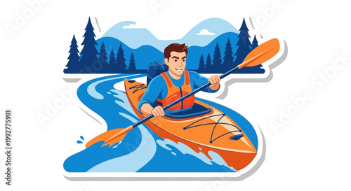 Flat design vector illustration of man kayaking on water during outdoor recreation activity with bright sunlight and energetic lifestyle mood