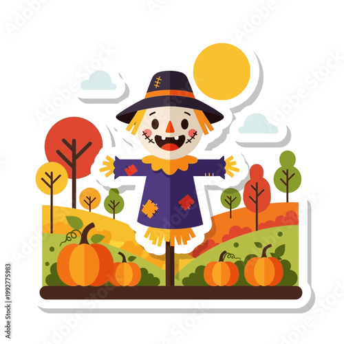 Happy cartoon scarecrow standing in an autumn field with pumpkins and bright sun for fall harvest festivals and Thanksgiving seasonal celebration graphic design projects