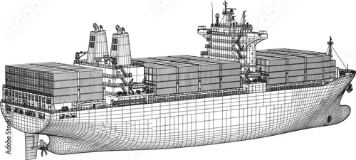 Isometric perspective cargo container ship with stacked freight units detailed maritime logistics vessel line illustration design