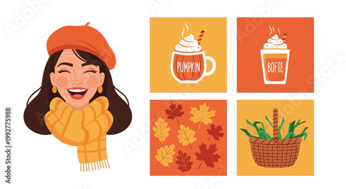 Happy woman in autumn clothes with pumpkin spice coffee drinks and fall leaves elements for seasonal marketing design isolated on transparent background cutout