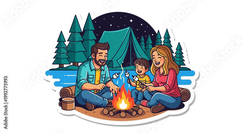 Happy family lifestyle roasting marshmallows over a campfire near a tent at night isolated on transparent background for summer vacation and outdoor travel concepts