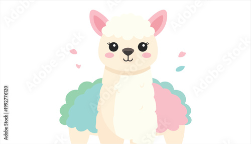 Cute Cartoon Llama with Colorful Fluffy Neck.