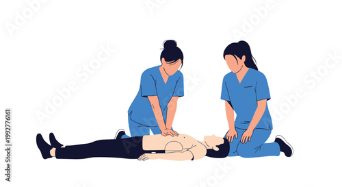 Two professional female nurses in blue scrubs performing emergency cpr on an unconscious patient on the floor.