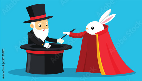 Cute Cartoon Magician Pulling a Rabbit Out of a Hat.