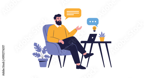 Creative professional sitting in a comfortable armchair works on a laptop while developing new ideas symbolized by a bright lightbulb.