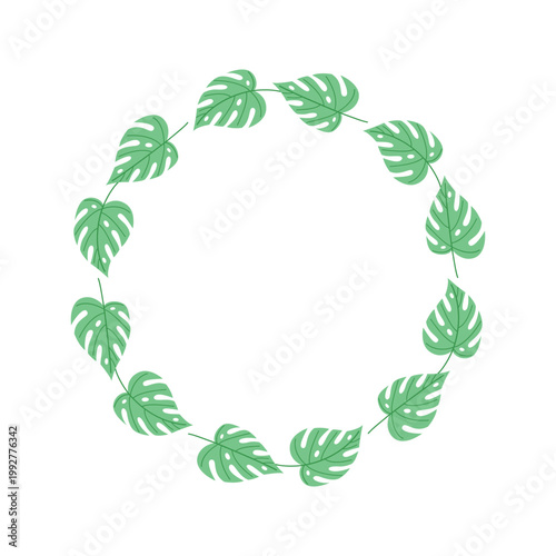 Monstera leaf wreath frame isolated on white, botanical circle border for tropical wedding invitation, logo design and eco branding