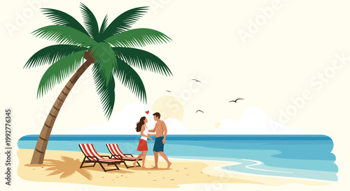Romantic couple walks along a tropical sandy beach with palm trees and ocean waves under a bright sun during their summer vacation.