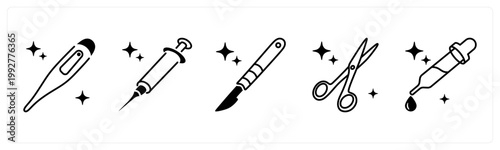 A set of 5 mix icons as thermometer, syringe, scalple,
