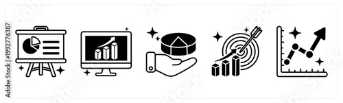 A set of 5 mix icons as presentation board, dashboard, market share