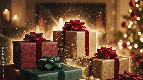 Christmas presents by the fireplace gifts.
