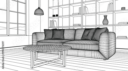 Living room sofa wireframe interior illustration, modern home space with couch table shelving and detailed 3D mesh furniture design