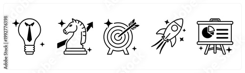 A set of 5 mix icons as business idea, business strategy, target goal