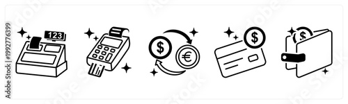 A set of 5 mix icons as cash register, pos machine, currency exchange