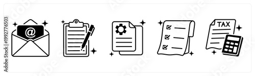A set of 5 mix icons as email, clipboard, document