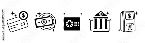 A set of 5 mix icons as credit card, refund, safe, bank