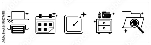 A set of 5 mix icons as printer, calendar, clock