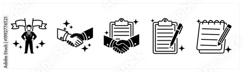 A set of 5 mix icons as leadership, handshake, contact agreement