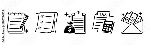 A set of 5 mix icons as notepad, receipt, loan