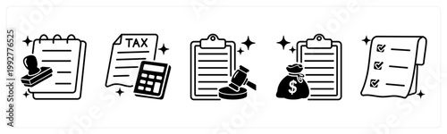 A set of 5 mix icons as loan approval, tax, compliance