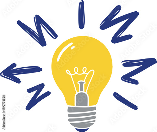 Bright Glowing Lightbulb Vector Illustration – Hand-Drawn Style Yellow Bulb with Blue Energy Sparks and Lightning Bolts, Creative Concept for Big Ideas, Innovation, Brainstorming, and Inspiration
