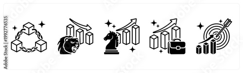 A set of 5 mix icons as blockchain, bear market, competitive advantage