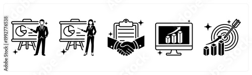 A set of 5 mix icons as presentation, contract agreement, dashboard
