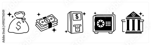 A set of 5 mix icons as money bag, cash, atm
