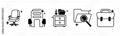 A set of 5 mix icons as office chair, office, filing cabinet