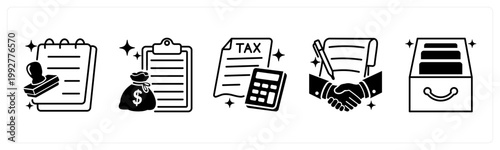 A set of 5 mix icons as loan approval, loan, tax