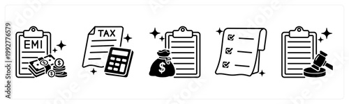 A set of 5 mix icons as emi payment, tax, loan