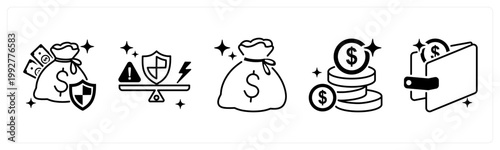 A set of 5 mix icons as financial security, risk managament, money bag