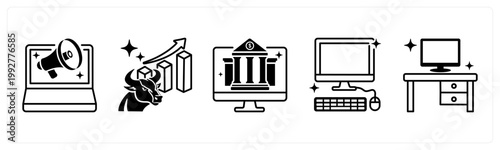 A set of 5 mix icons as digital marleting, bull market, banking app