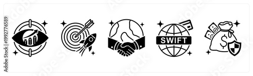 A set of 5 mix icons as business vision, business mission, international trade