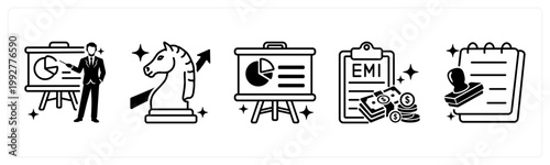 A set of 5 mix icons as presentation, business strategy, presentation board,