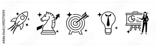 A set of 5 mix icons as startup, business strategy, target goal