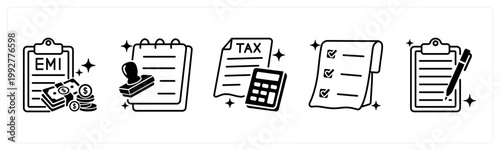 A set of 5 mix icons as emi payment, loan approval, tax