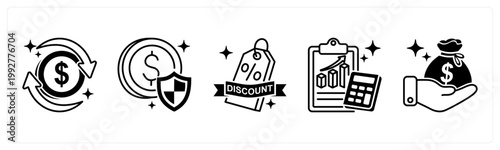 A set of 5 mix icons as cashback, payment success, flash sale