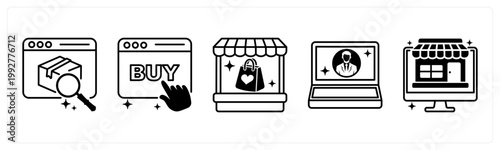 A set of 5 mix icons as search product, purchase, vendor store