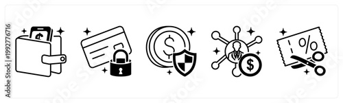 A set of 5 mix icons as digital wallet, secure payment, payment success