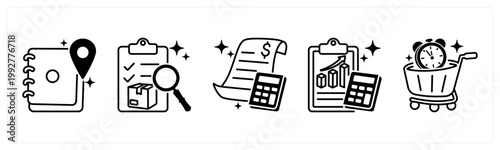 A set of 5 mix icons as address book, product details, bill