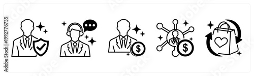 A set of 5 mix icons as verified buyer, chat support, affiliate