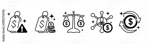 A set of 5 mix icons as price alert, lowest price price comparison