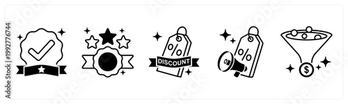 A set of 5 mix icons as verified badge, top rated, discount