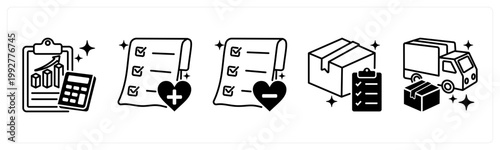 A set of 5 mix icons as sales report, add to wishlist